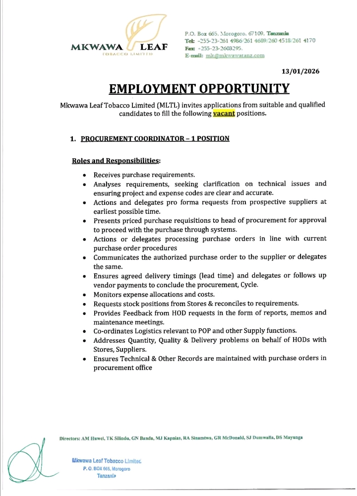 mkwawa leaf tobacco limited Multiple Vacancies at MKWAWA LEAF TOBACCO (LTD) WALIVOSHIRIKI
